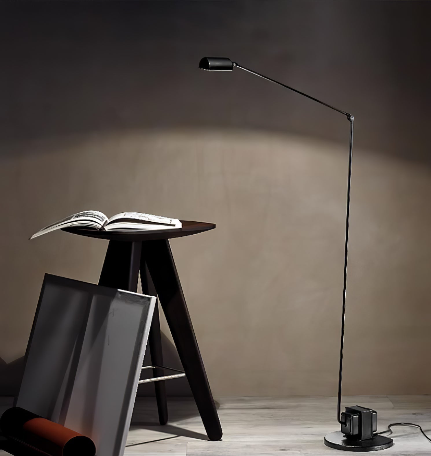 Dynamo Adjustable Arm LED Floor Lamp with Rotating Metal Diffuser and Cylindrical Base Standing Light
