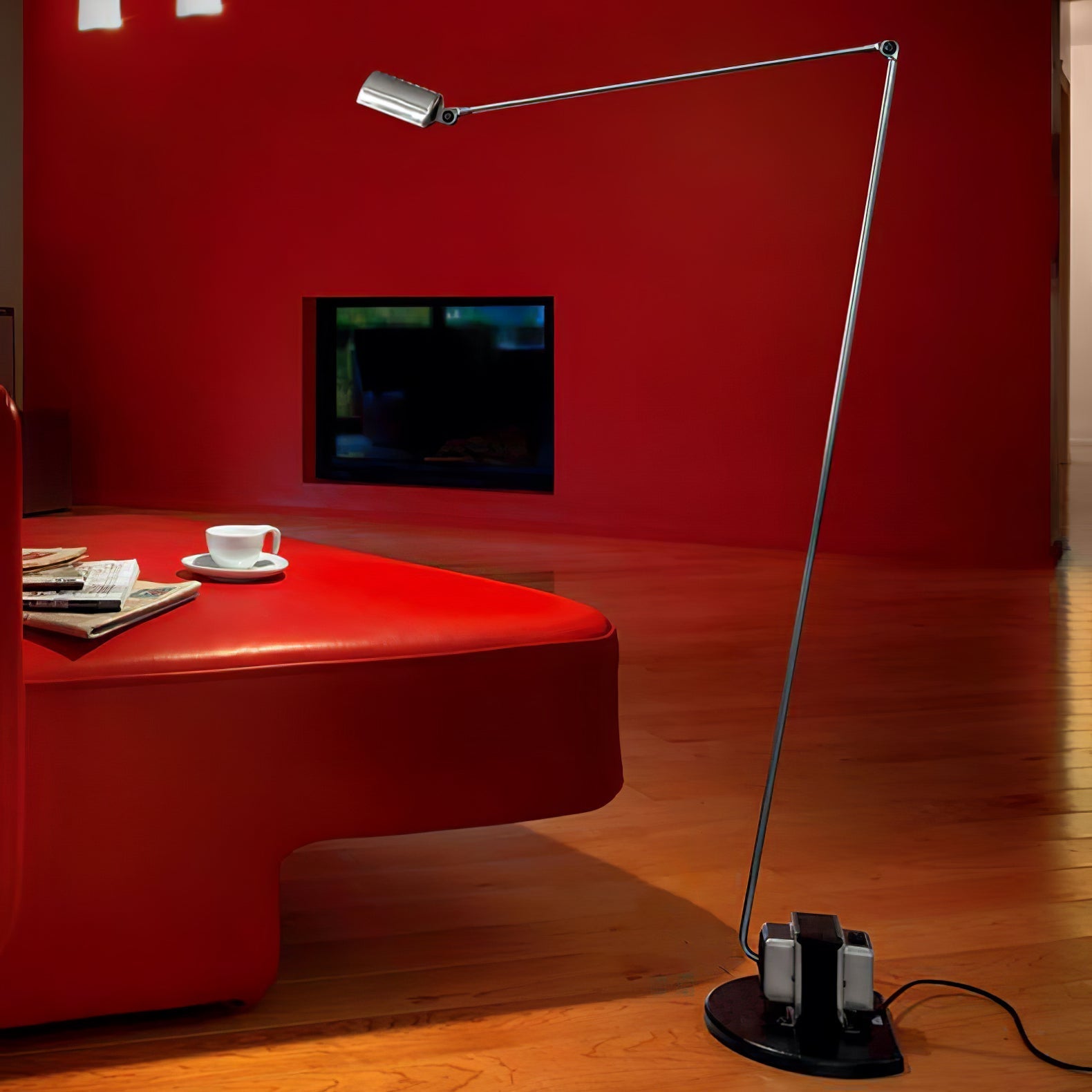 Dynamo Adjustable Arm LED Floor Lamp with Rotating Metal Diffuser and Cylindrical Base Standing Light