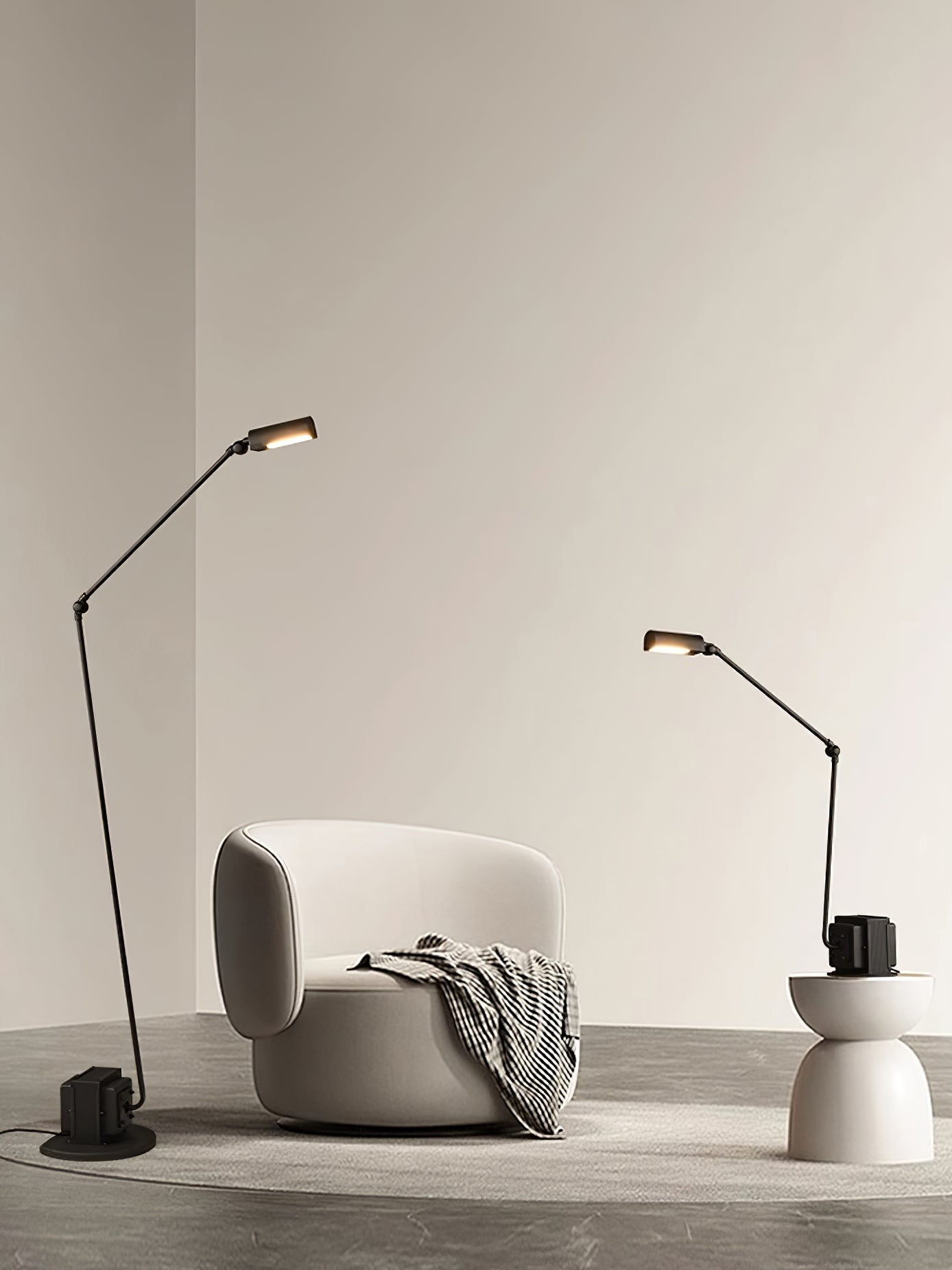 Dynamo Adjustable Arm LED Floor Lamp with Rotating Metal Diffuser and Cylindrical Base Standing Light