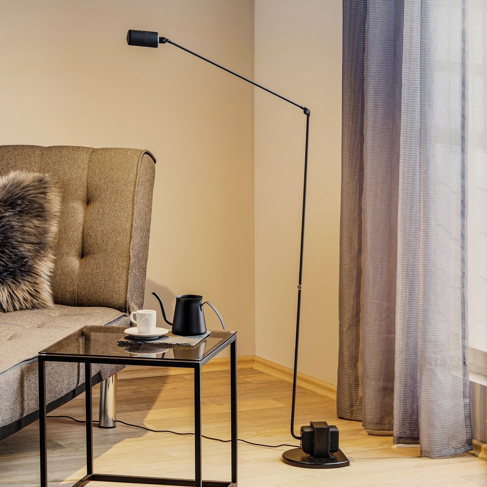 Dynamo Adjustable Arm LED Floor Lamp with Rotating Metal Diffuser and Cylindrical Base Standing Light