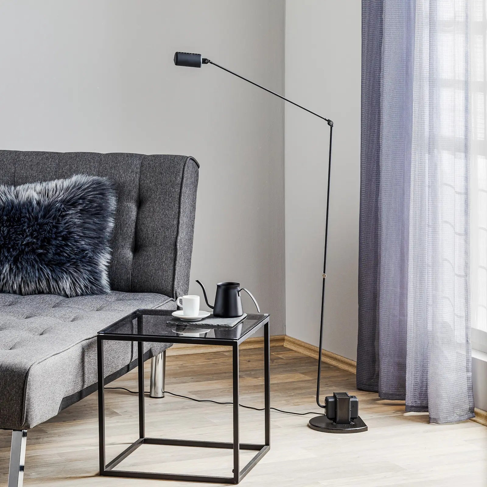 Dynamo Adjustable Arm LED Floor Lamp with Rotating Metal Diffuser and Cylindrical Base Standing Light