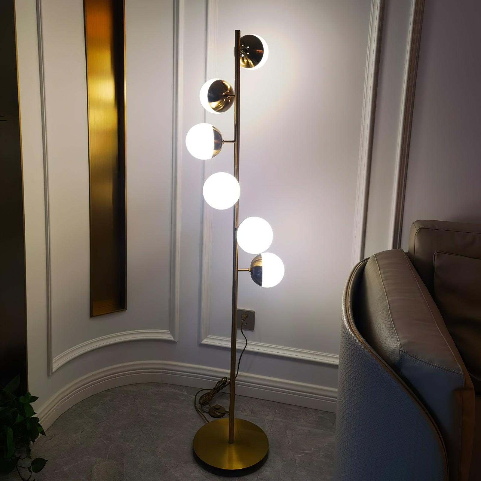 Modern LED Tree Standing Floor Lamp with Frosted Glass Globes and Gold Finish