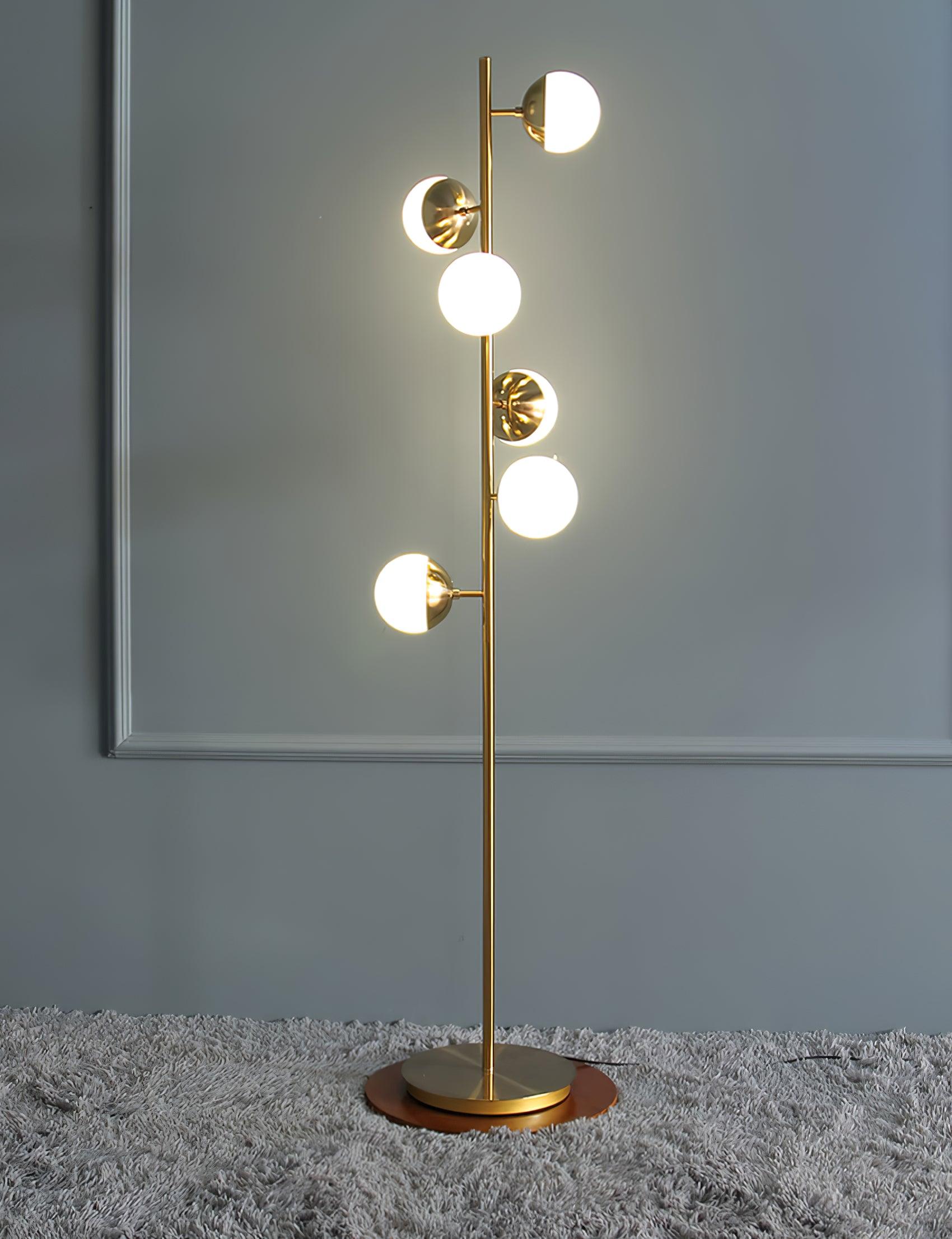 Modern LED Tree Standing Floor Lamp with Frosted Glass Globes and Gold Finish