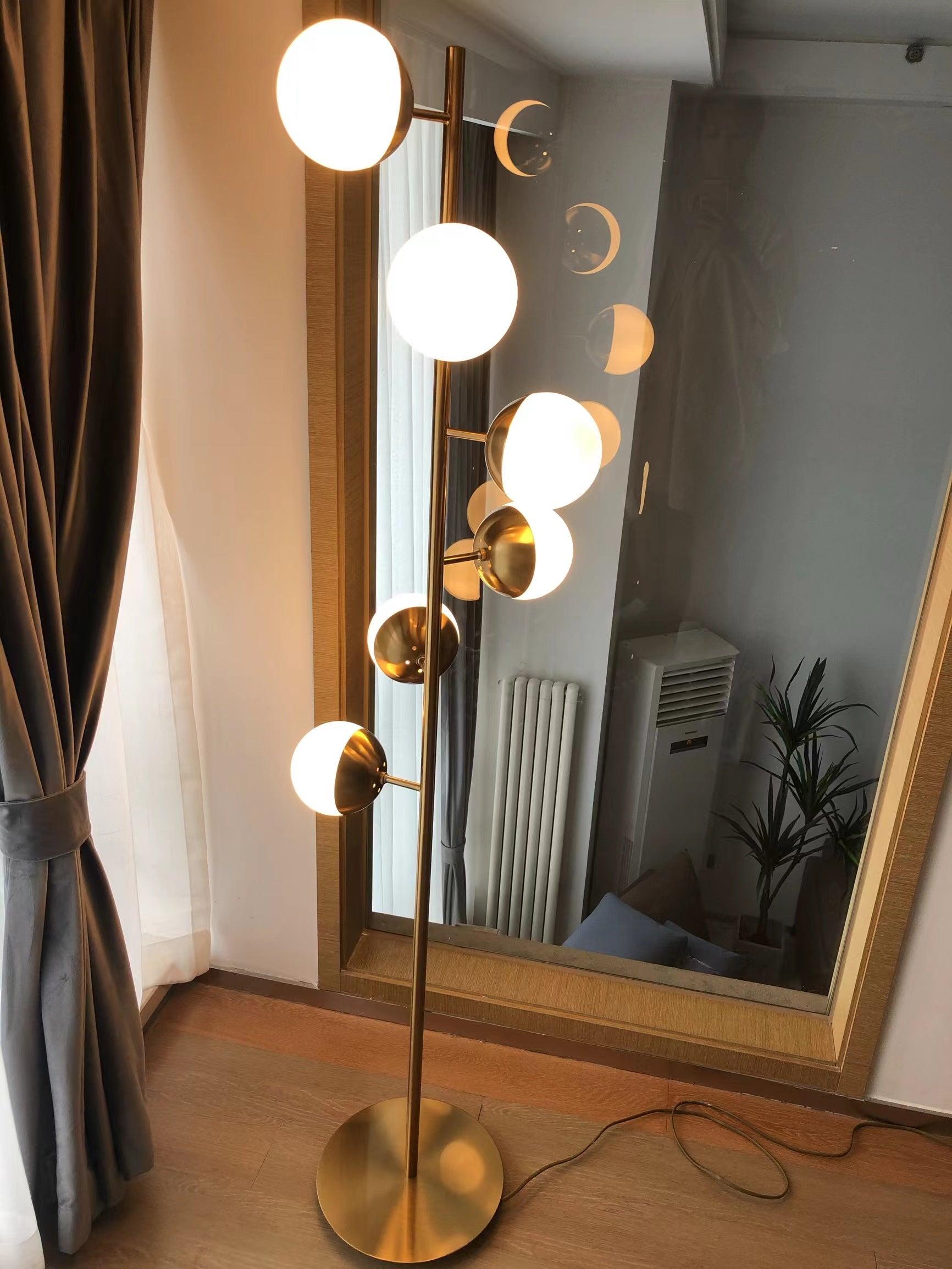 Modern LED Tree Standing Floor Lamp with Frosted Glass Globes and Gold Finish