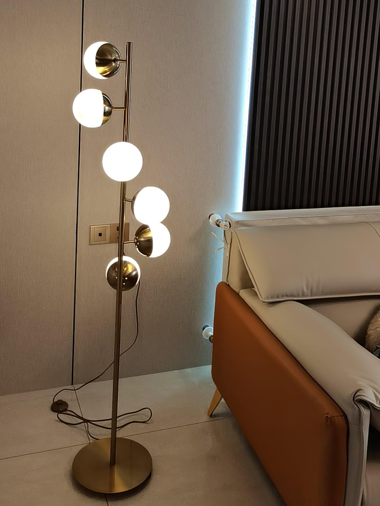 Modern LED Tree Standing Floor Lamp with Frosted Glass Globes and Gold Finish
