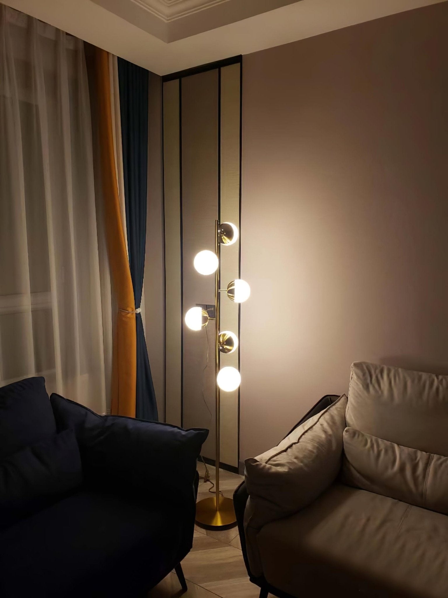 Modern LED Tree Standing Floor Lamp with Frosted Glass Globes and Gold Finish