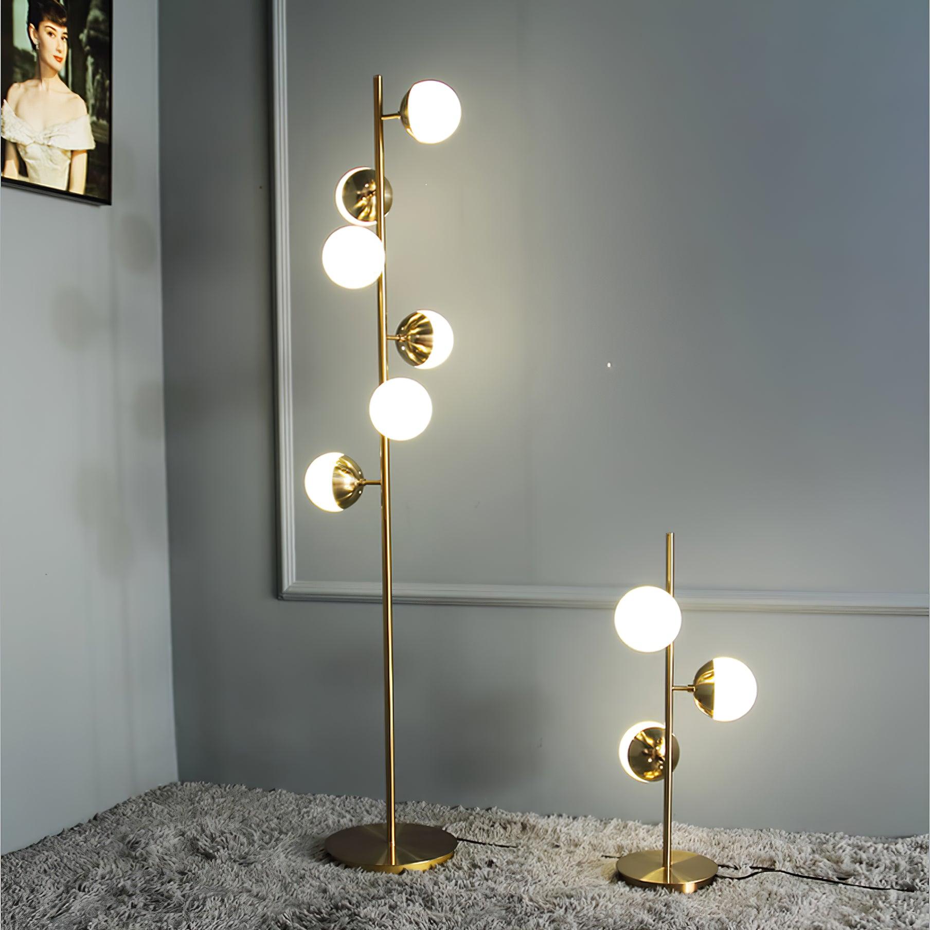 Modern LED Tree Standing Floor Lamp with Frosted Glass Globes and Gold Finish