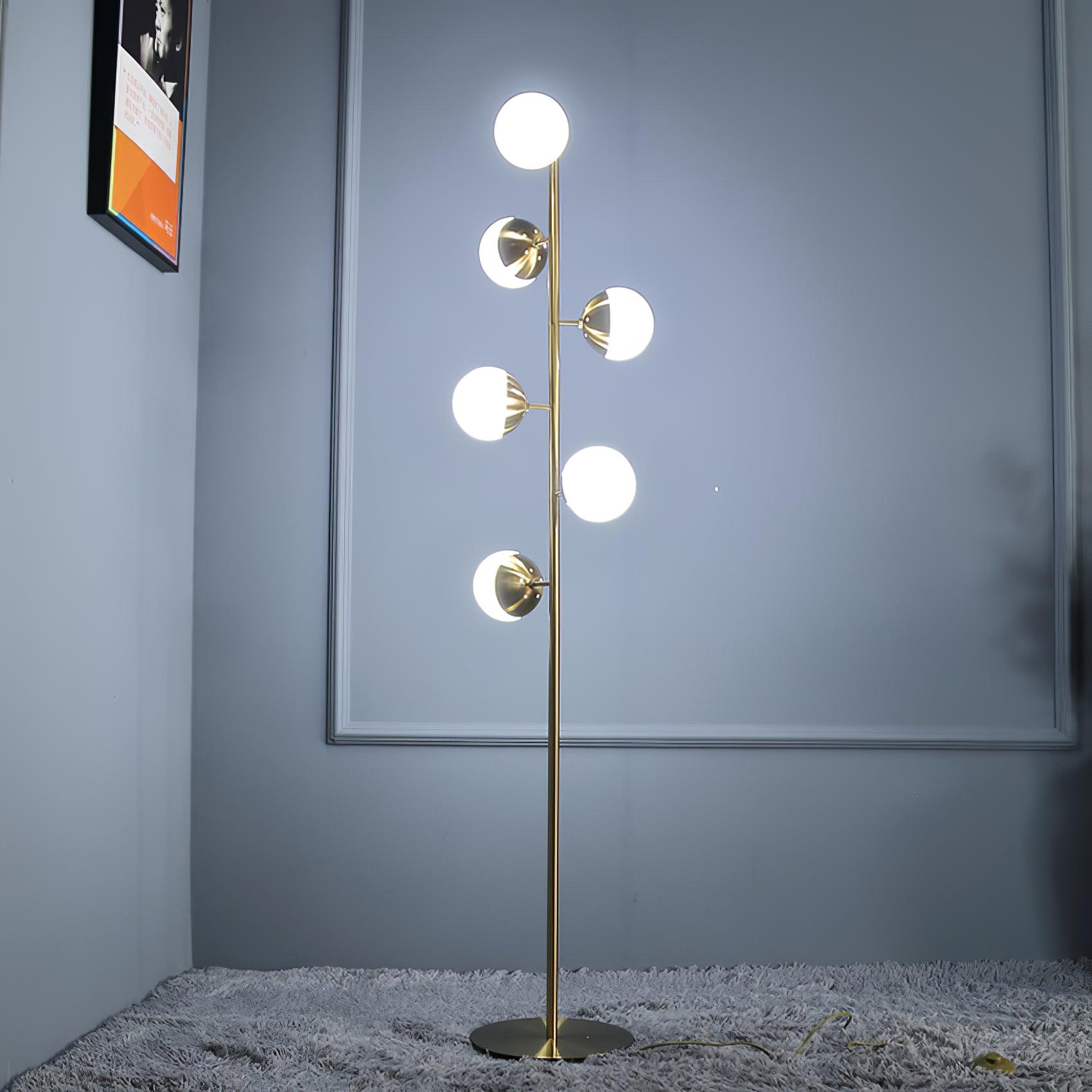 Modern LED Tree Standing Floor Lamp with Frosted Glass Globes and Gold Finish