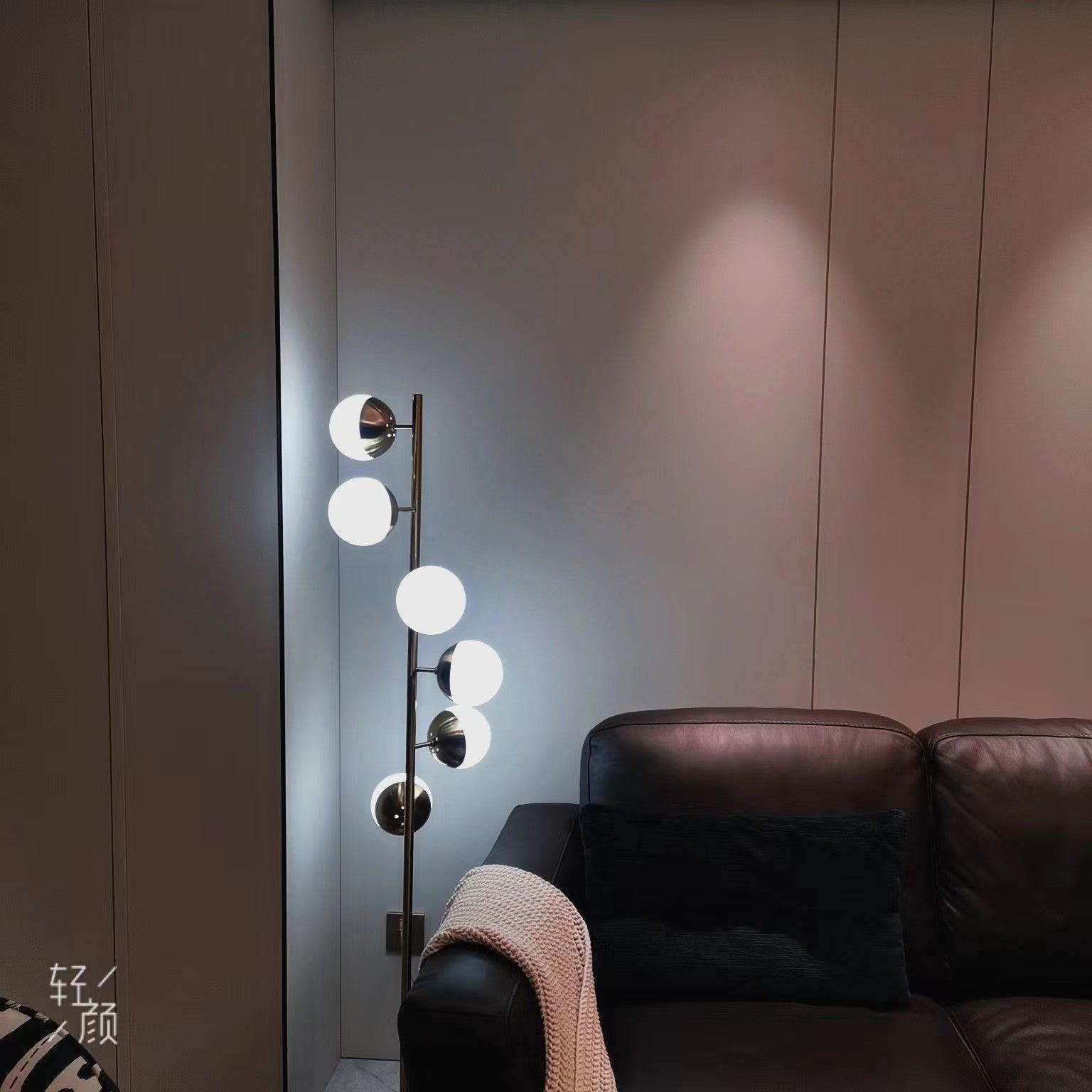 Modern LED Tree Standing Floor Lamp with Frosted Glass Globes and Gold Finish