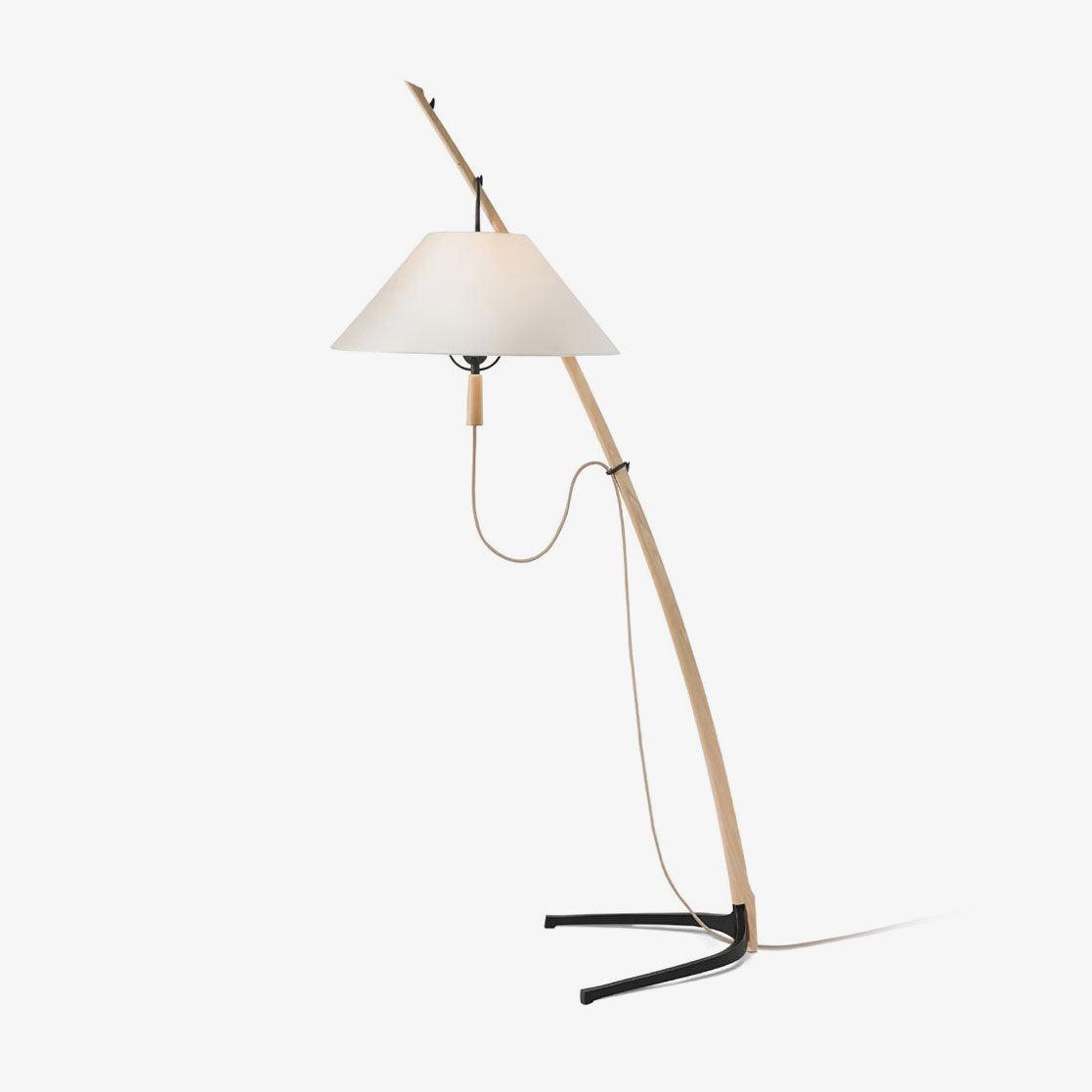 Modern Wood Floor Lamp with Adjustable White Fabric Shade and Retro Fishing Silhouette