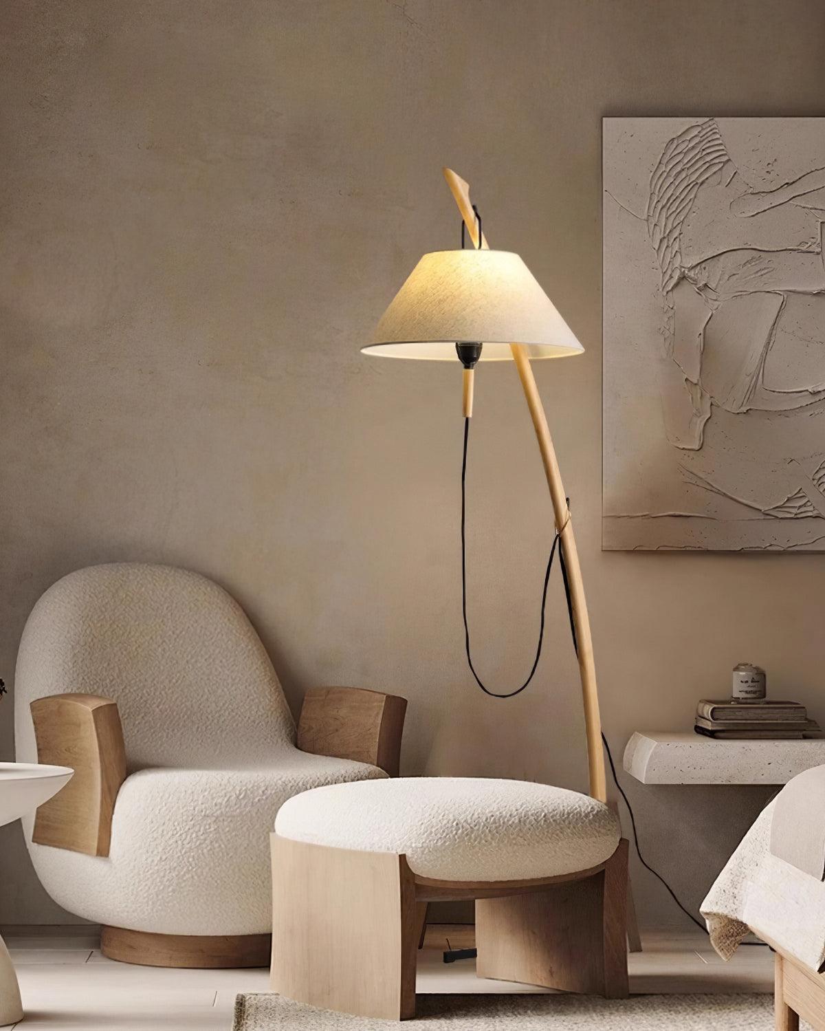 Modern Wood Floor Lamp with Adjustable White Fabric Shade and Retro Fishing Silhouette