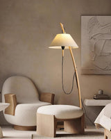 Modern Wood Floor Lamp with Adjustable White Fabric Shade and Retro Fishing Silhouette