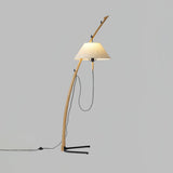 Modern Wood Floor Lamp with Adjustable White Fabric Shade and Retro Fishing Silhouette