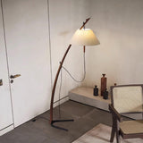 Modern Wood Floor Lamp with Adjustable White Fabric Shade and Retro Fishing Silhouette