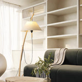 Modern Wood Floor Lamp with Adjustable White Fabric Shade and Retro Fishing Silhouette