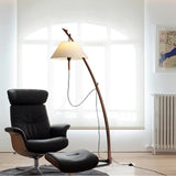 Modern Wood Floor Lamp with Adjustable White Fabric Shade and Retro Fishing Silhouette
