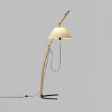Modern Wood Floor Lamp with Adjustable White Fabric Shade and Retro Fishing Silhouette