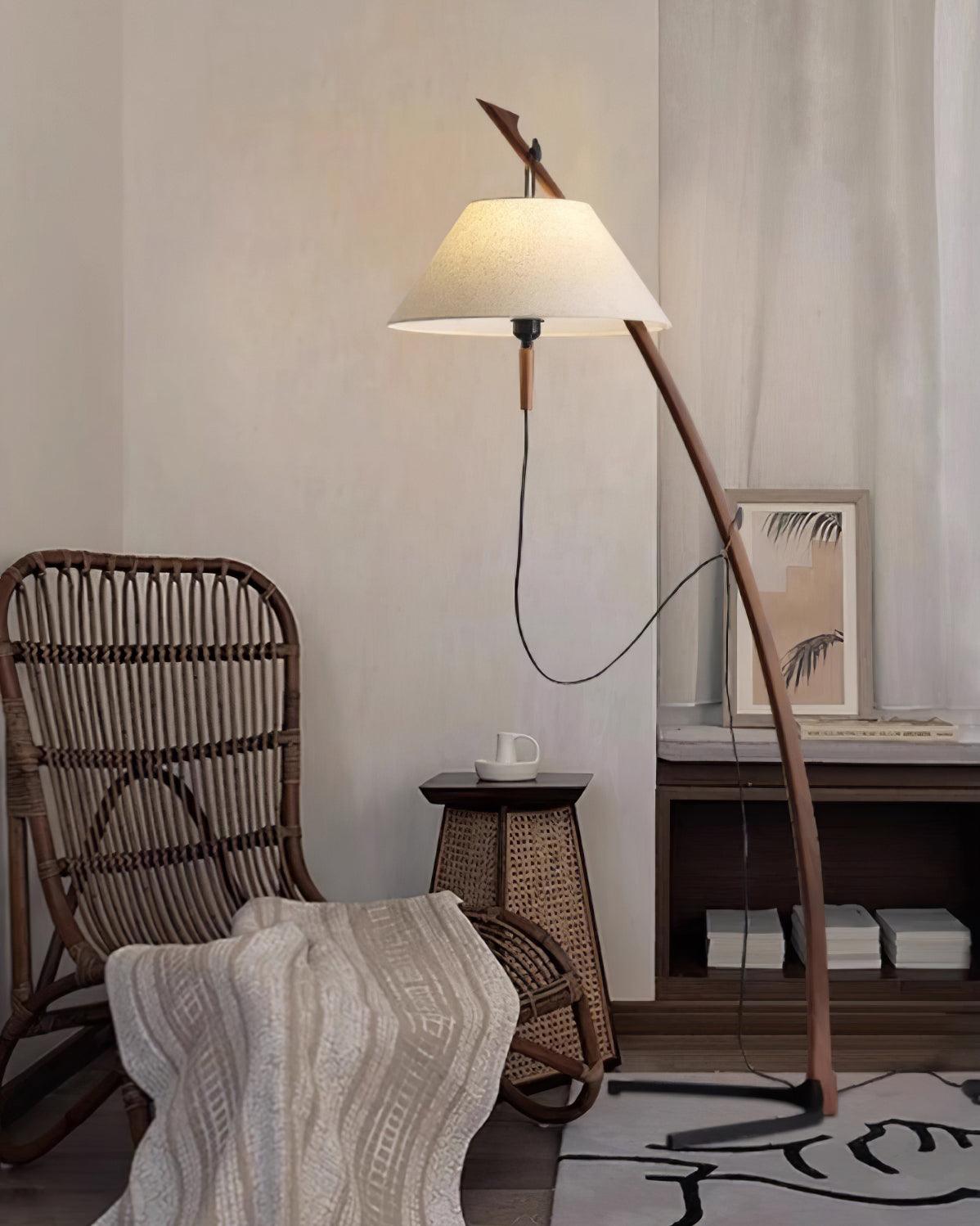 Modern Wood Floor Lamp with Adjustable White Fabric Shade and Retro Fishing Silhouette