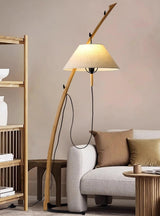 Modern Wood Floor Lamp with Adjustable White Fabric Shade and Retro Fishing Silhouette