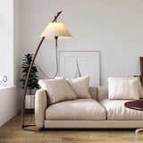 Modern Wood Floor Lamp with Adjustable White Fabric Shade and Retro Fishing Silhouette