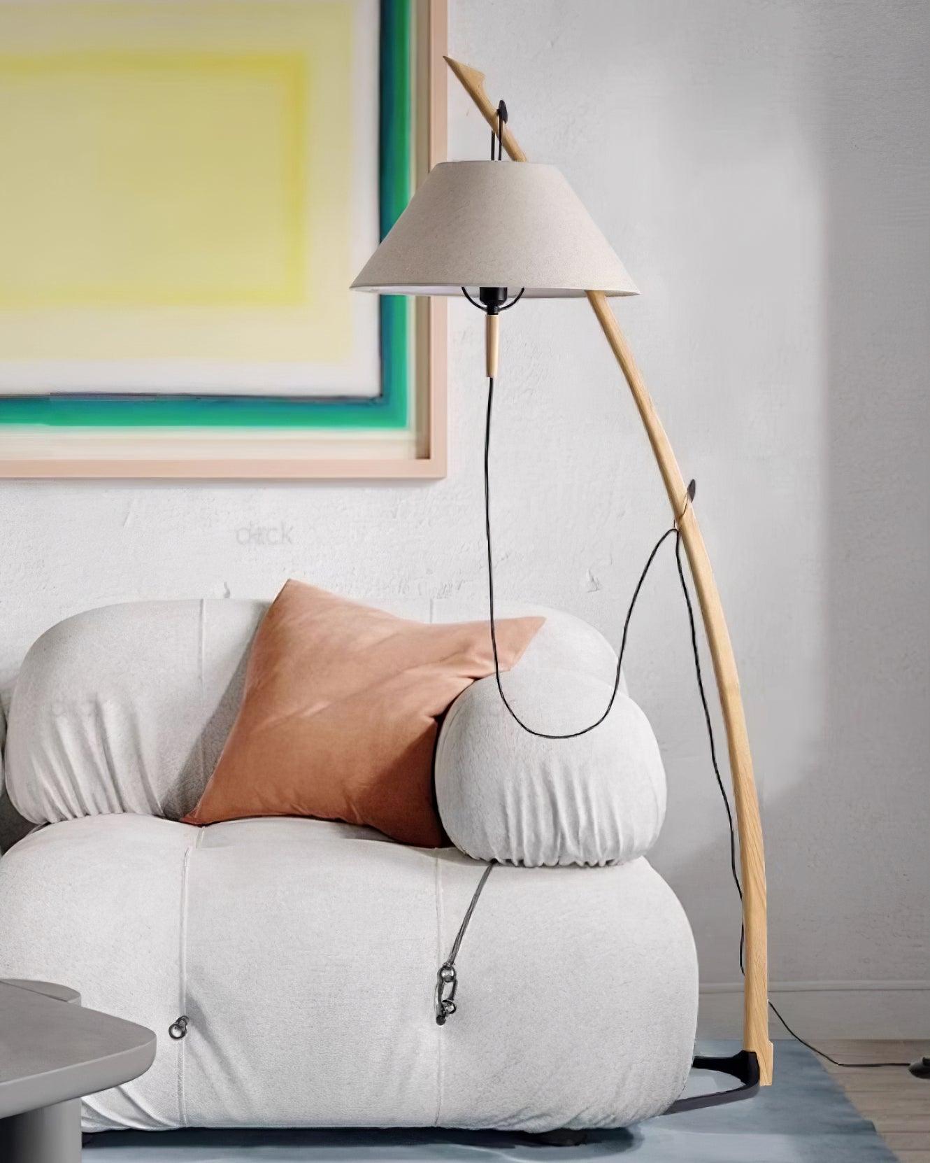 Modern Wood Floor Lamp with Adjustable White Fabric Shade and Retro Fishing Silhouette