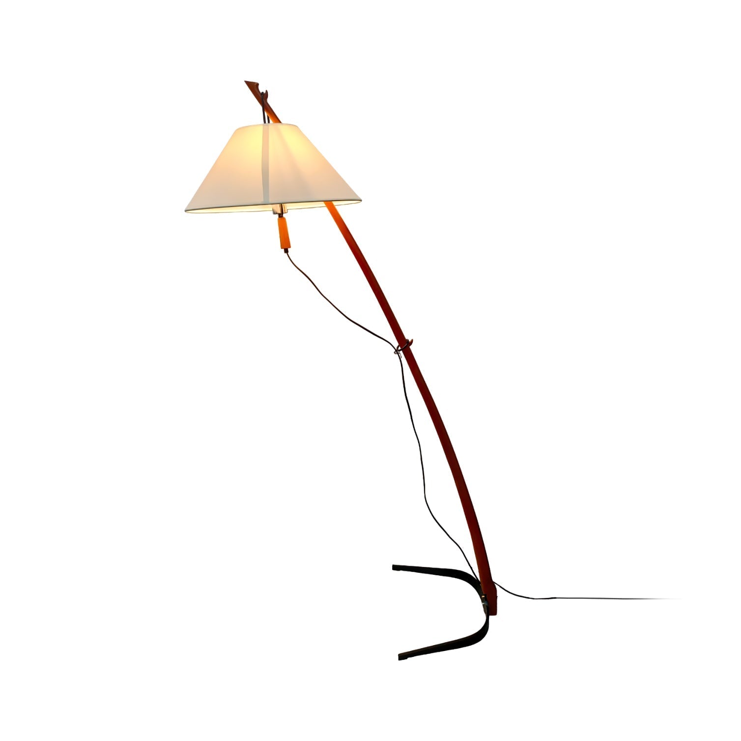 Modern Wood Floor Lamp with Adjustable White Fabric Shade and Retro Fishing Silhouette