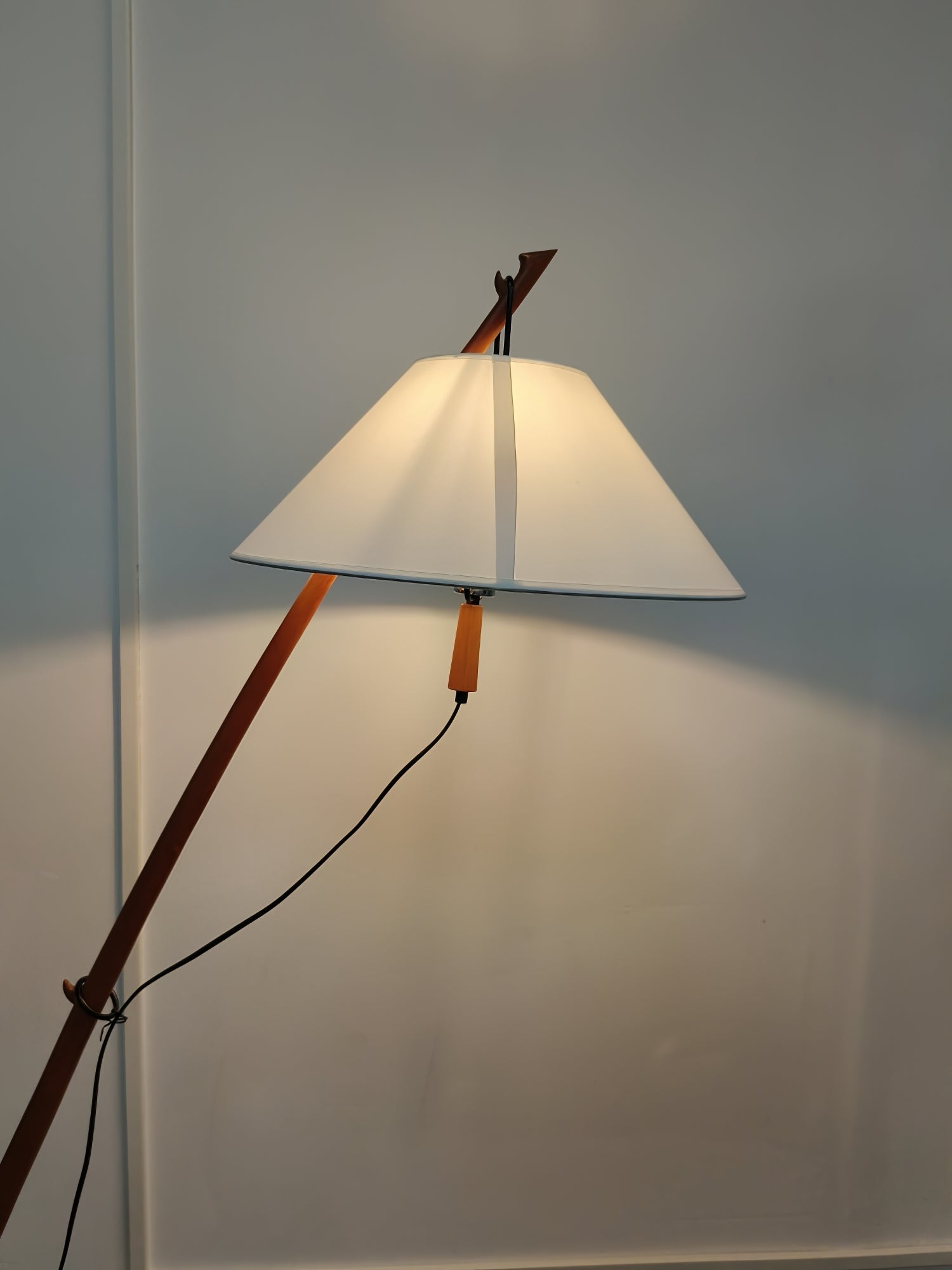 Modern Wood Floor Lamp with Adjustable White Fabric Shade and Retro Fishing Silhouette