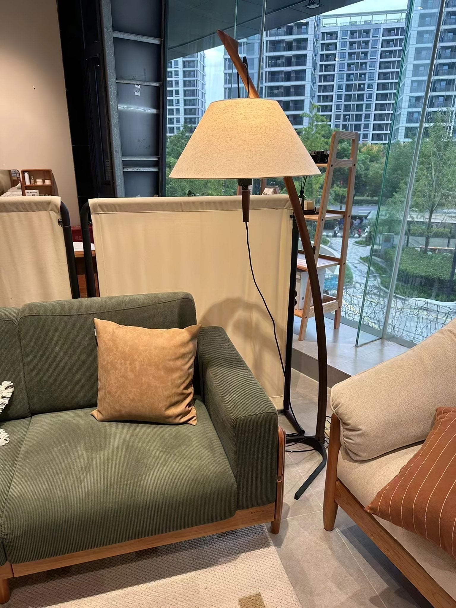 Modern Wood Floor Lamp with Adjustable White Fabric Shade and Retro Fishing Silhouette