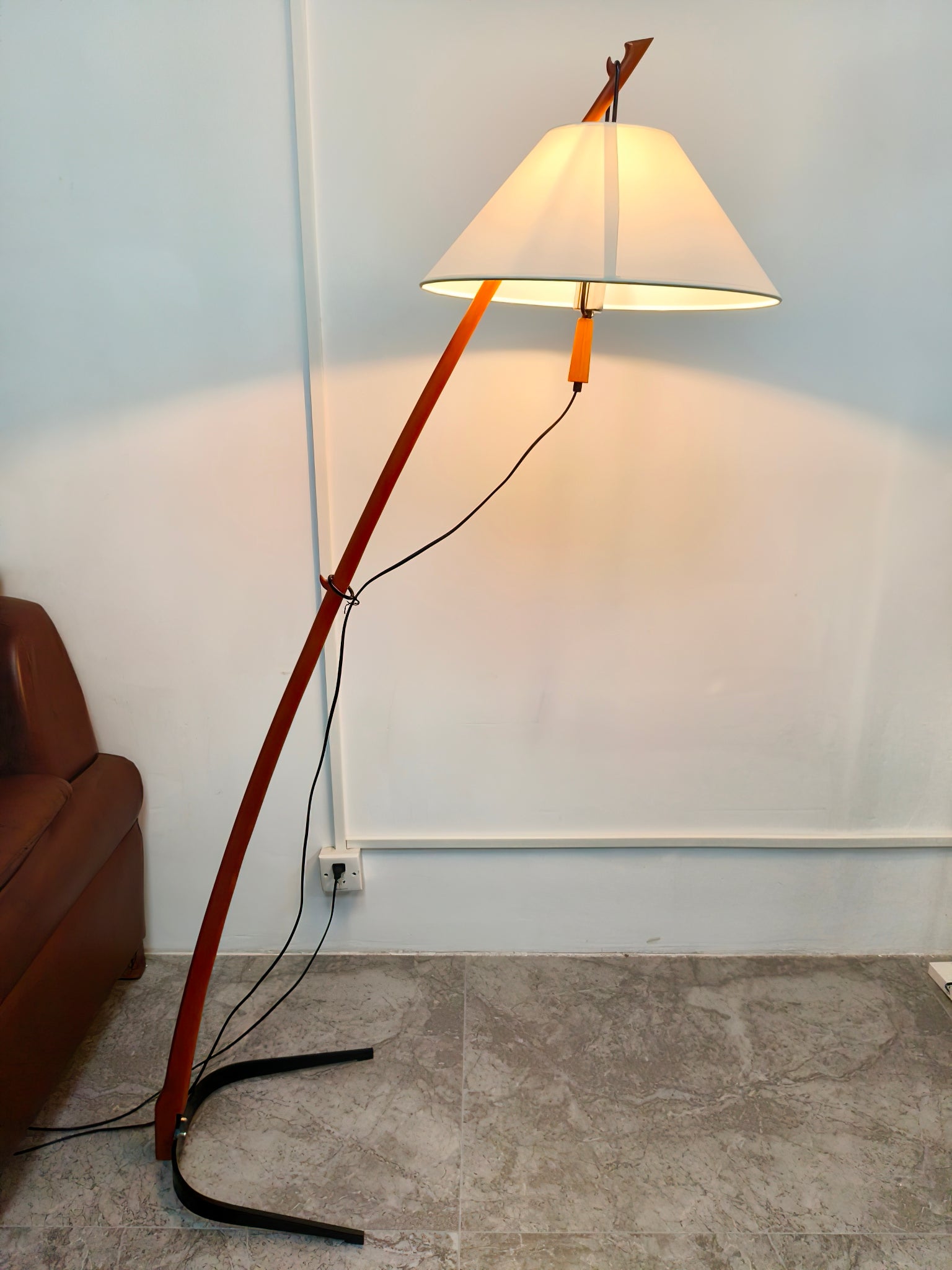 Modern Wood Floor Lamp with Adjustable White Fabric Shade and Retro Fishing Silhouette