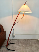 Modern Wood Floor Lamp with Adjustable White Fabric Shade and Retro Fishing Silhouette