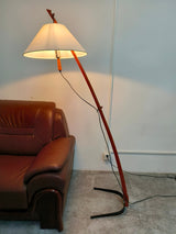 Modern Wood Floor Lamp with Adjustable White Fabric Shade and Retro Fishing Silhouette