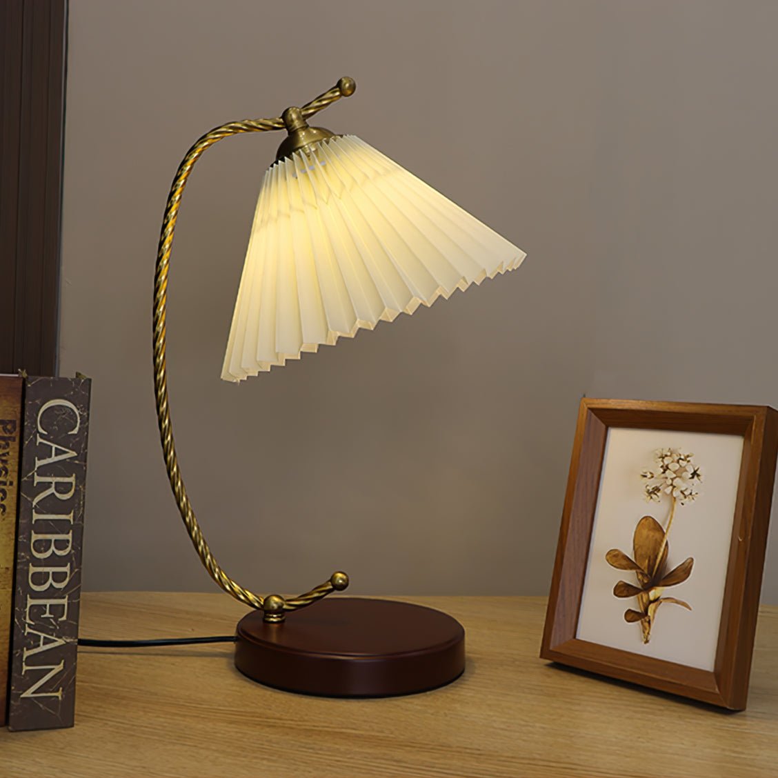 Vintage Pleated Shade Table Lamp with Walnut Base and Gold Accents for Modern Bedrooms