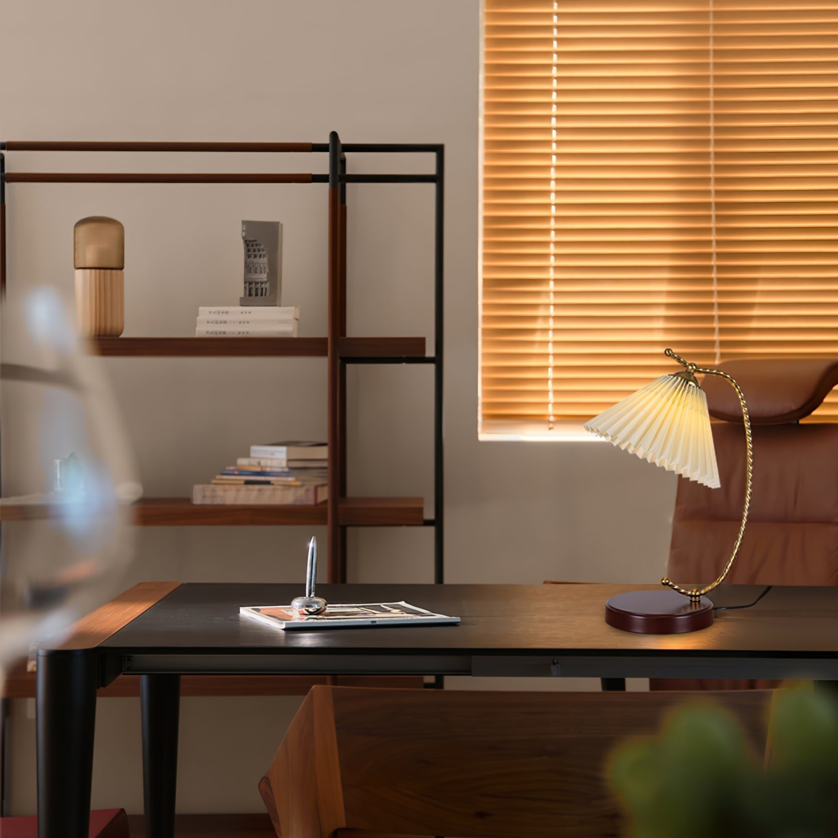Vintage Pleated Shade Table Lamp with Walnut Base and Gold Accents for Modern Bedrooms