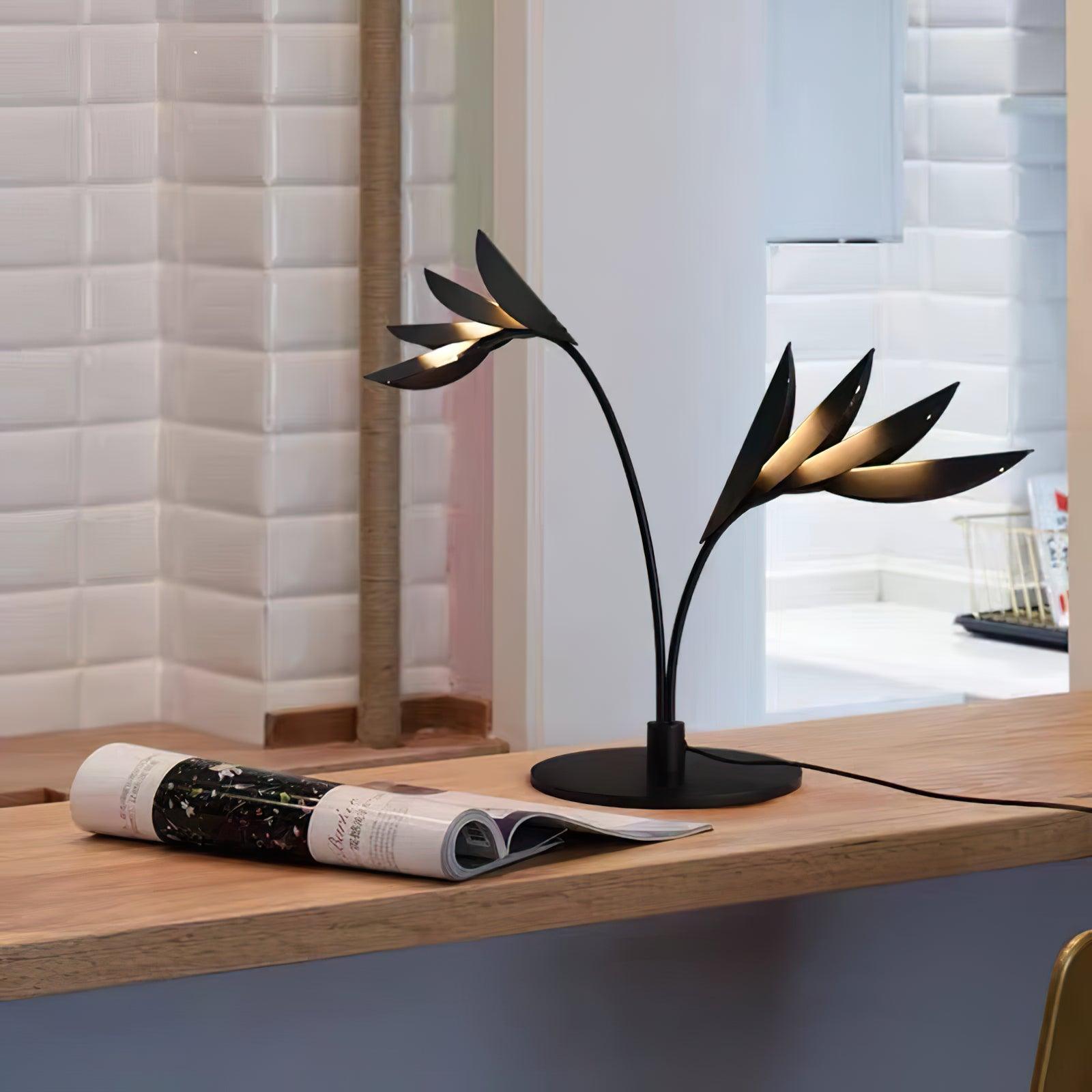 Modern Double Leaf Metal Table Lamp with Botanical Design in Black Finish for Office and Bedroom