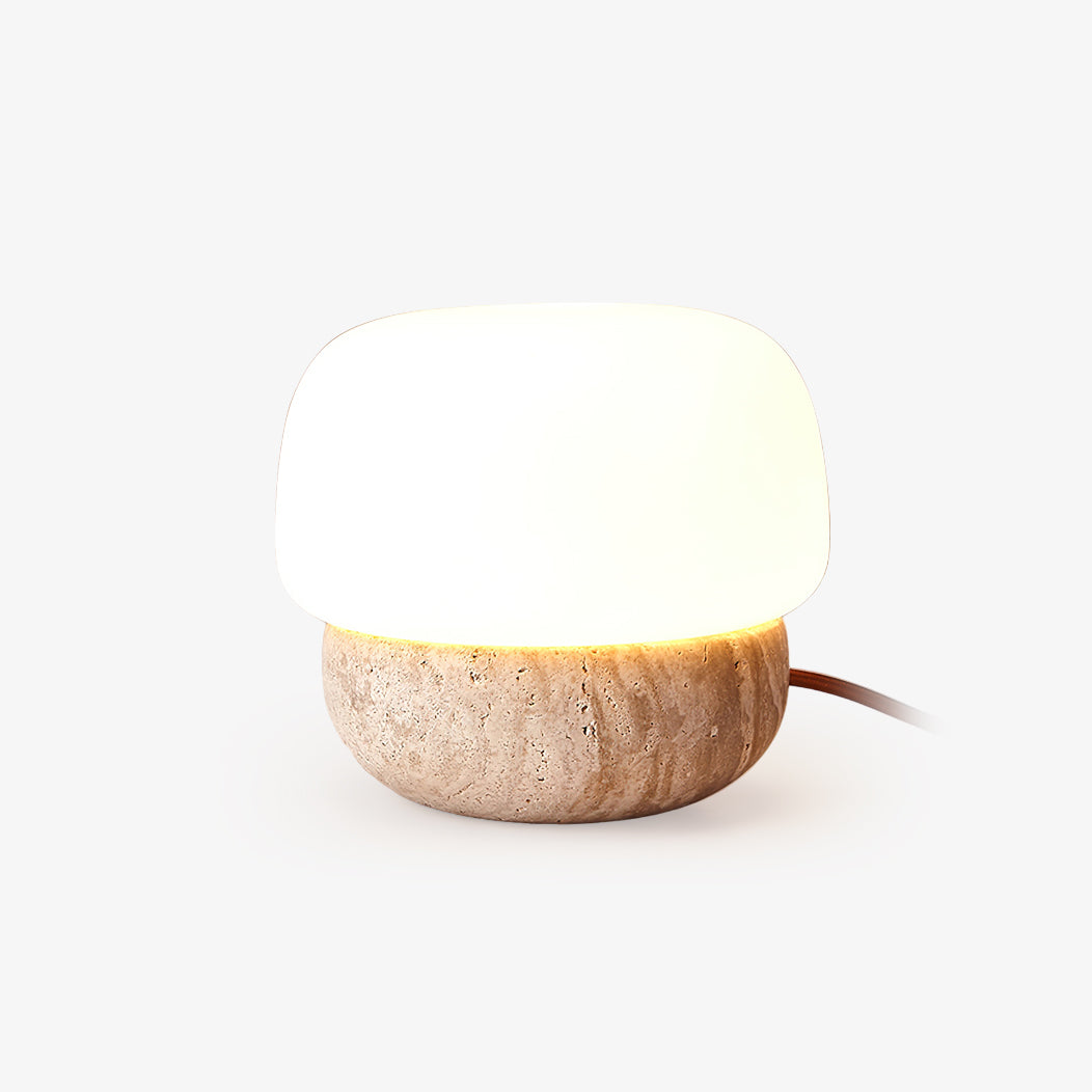 Modern Yellow Travertine Stone Table Lamp with Glass Globe for Minimalist Bedside Decor