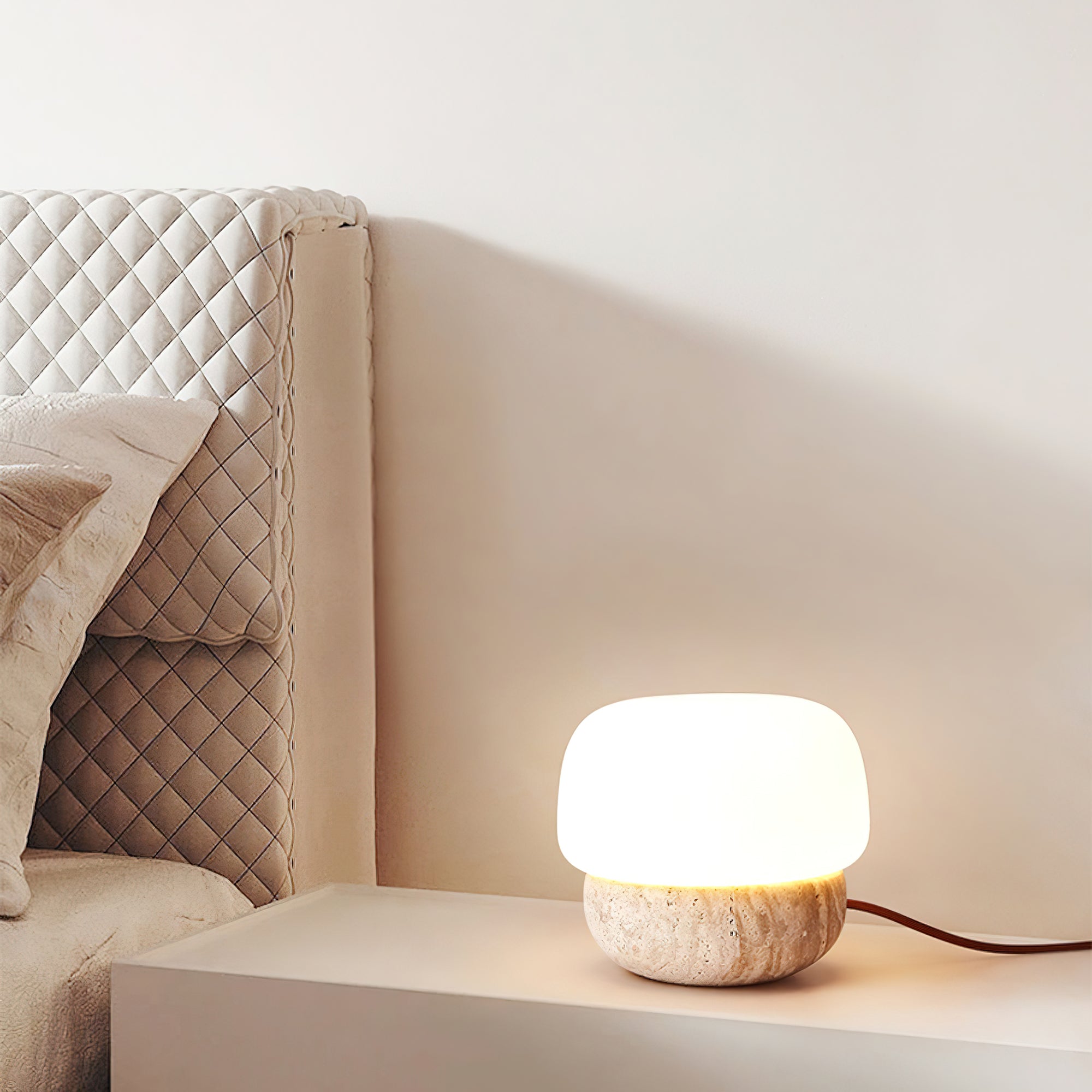 Modern Yellow Travertine Stone Table Lamp with Glass Globe for Minimalist Bedside Decor