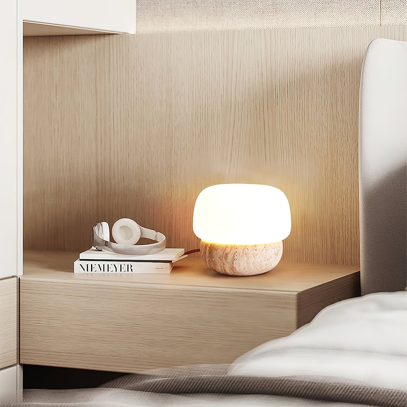 Modern Yellow Travertine Stone Table Lamp with Glass Globe for Minimalist Bedside Decor