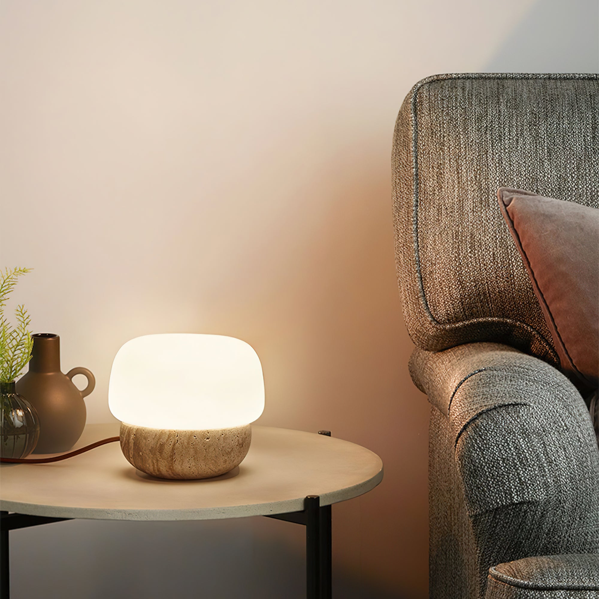 Modern Yellow Travertine Stone Table Lamp with Glass Globe for Minimalist Bedside Decor