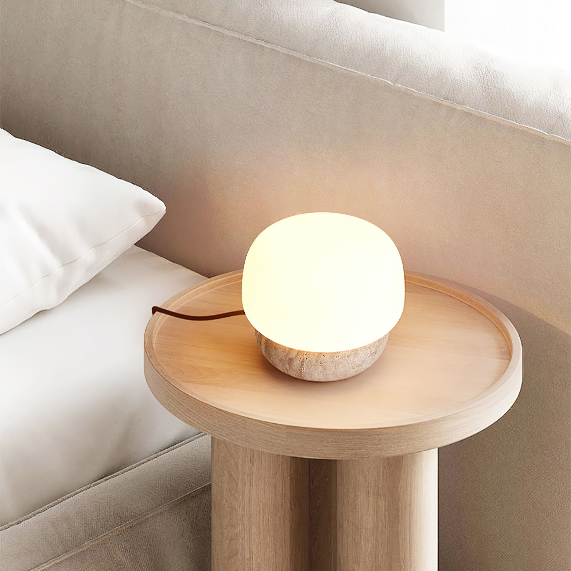 Modern Yellow Travertine Stone Table Lamp with Glass Globe for Minimalist Bedside Decor