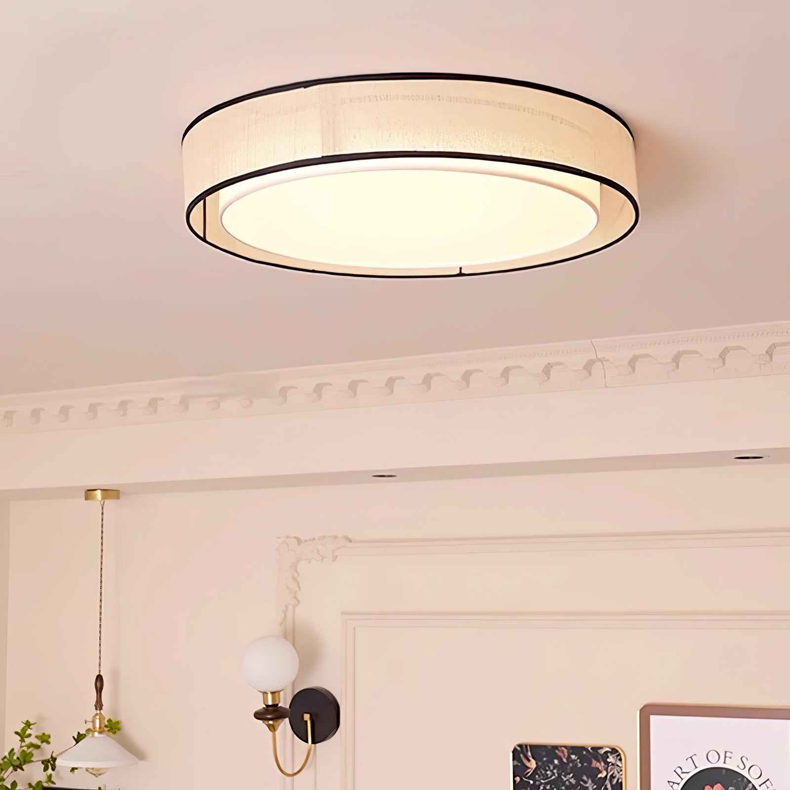 Modern Drum Flush Mount Ceiling Light with Beige Linen Shade and Integrated LED