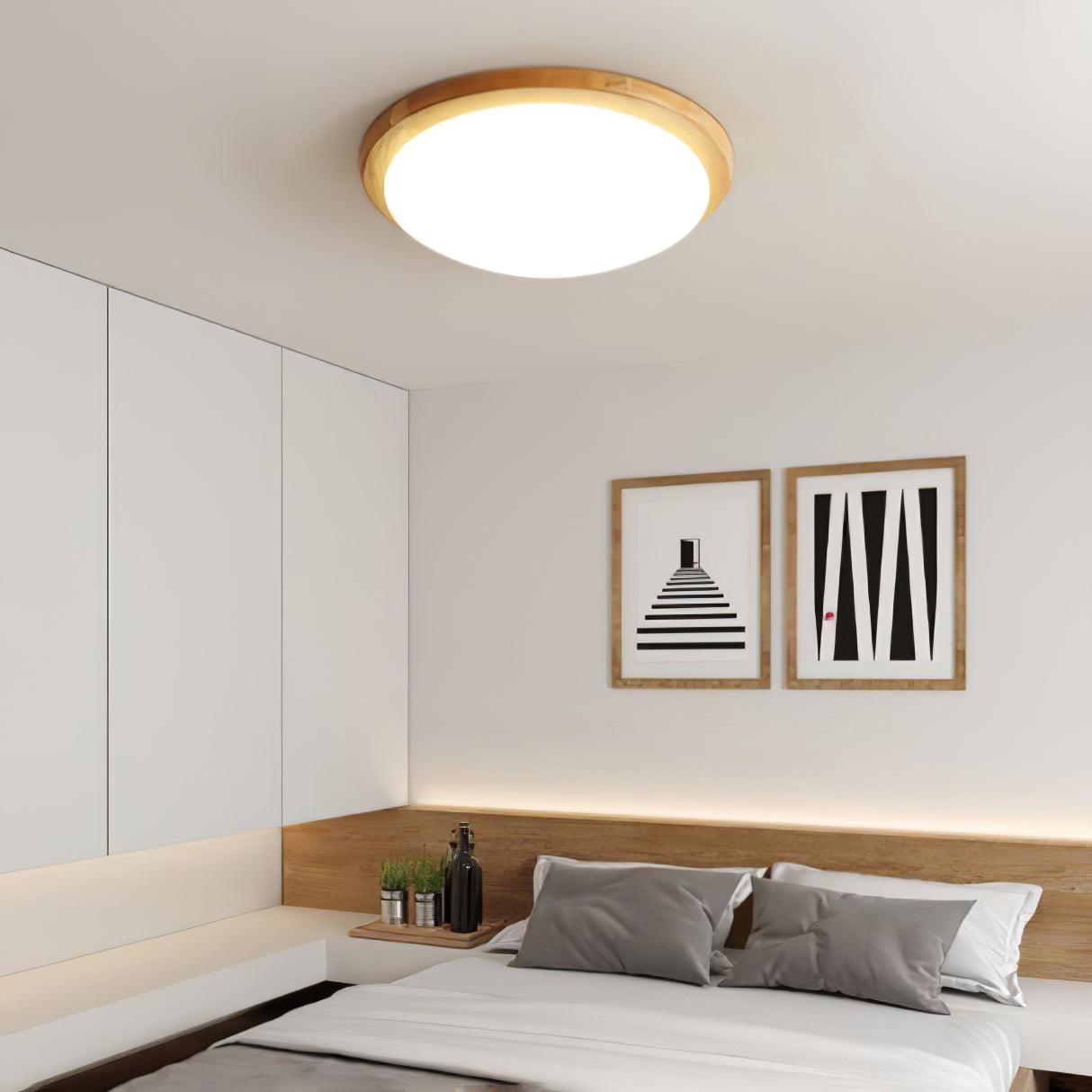 Modern Rubberwood Drum Flush Mount Ceiling Light for Minimalist Living Spaces