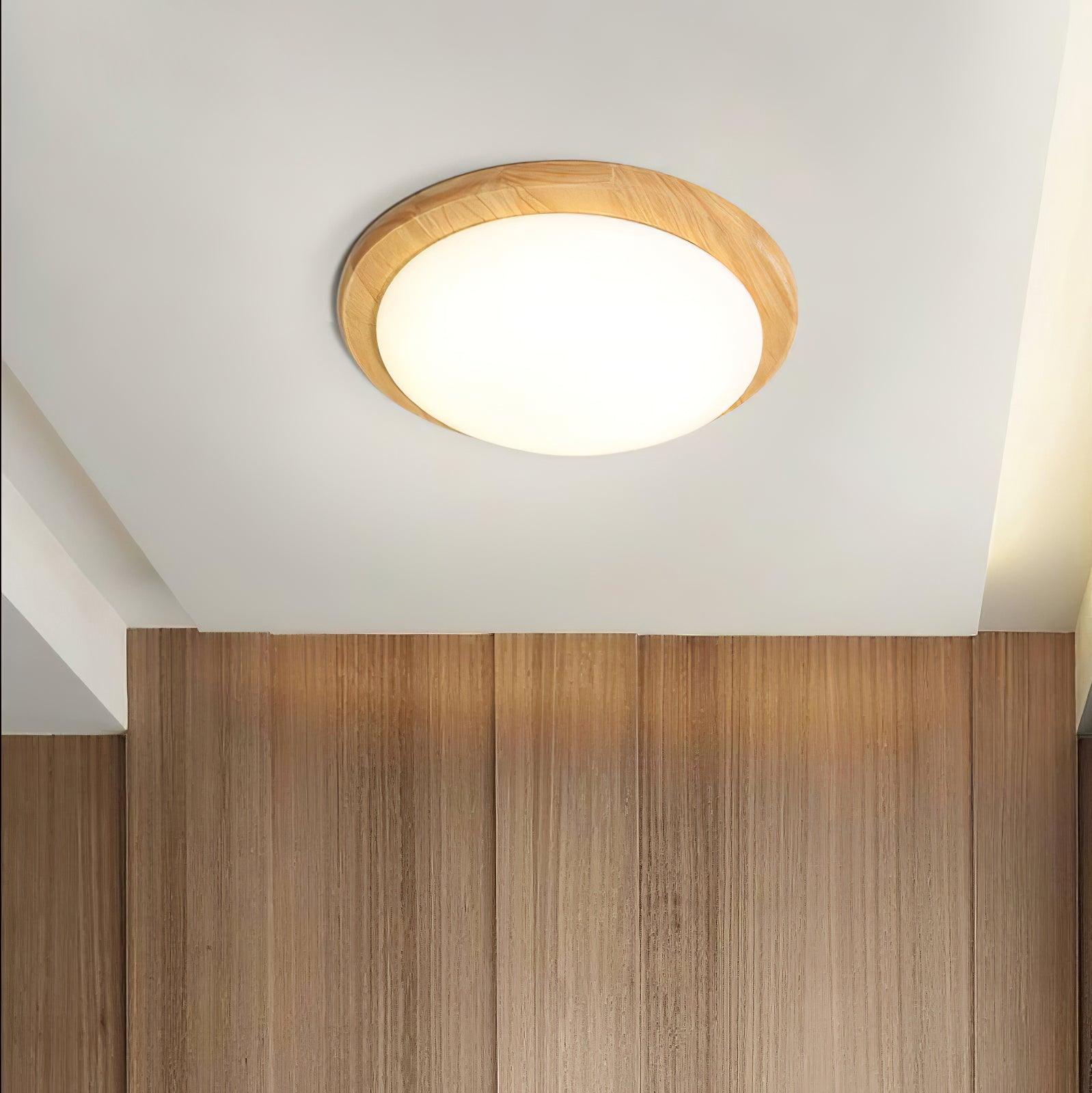 Modern Rubberwood Drum Flush Mount Ceiling Light for Minimalist Living Spaces