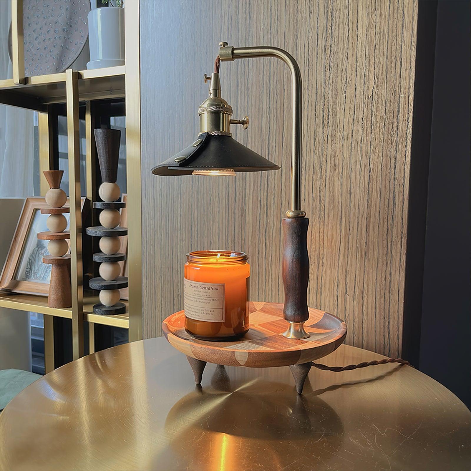 Vintage Wood and Leather Candle Warmer Table Lamp for Bedside and Desk Lighting