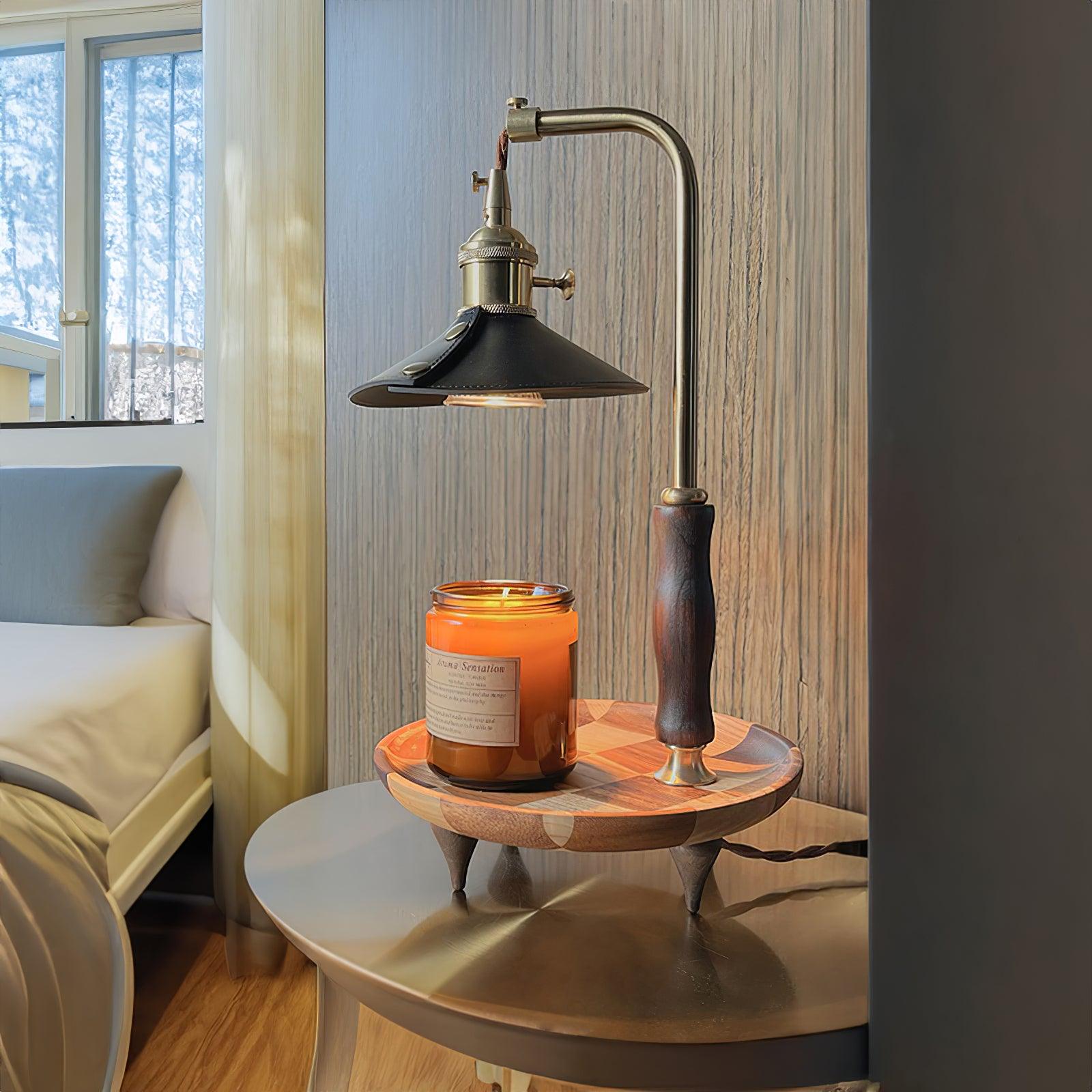Vintage Wood and Leather Candle Warmer Table Lamp for Bedside and Desk Lighting