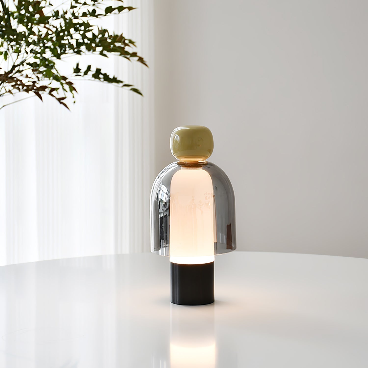 Portable Rechargeable LED Table Lamp with Smoke Grey Glass Shade for Modern Bedrooms