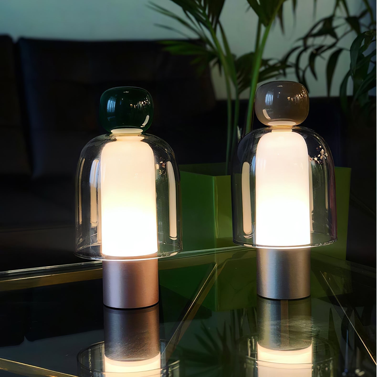 Portable Rechargeable LED Table Lamp with Smoke Grey Glass Shade for Modern Bedrooms
