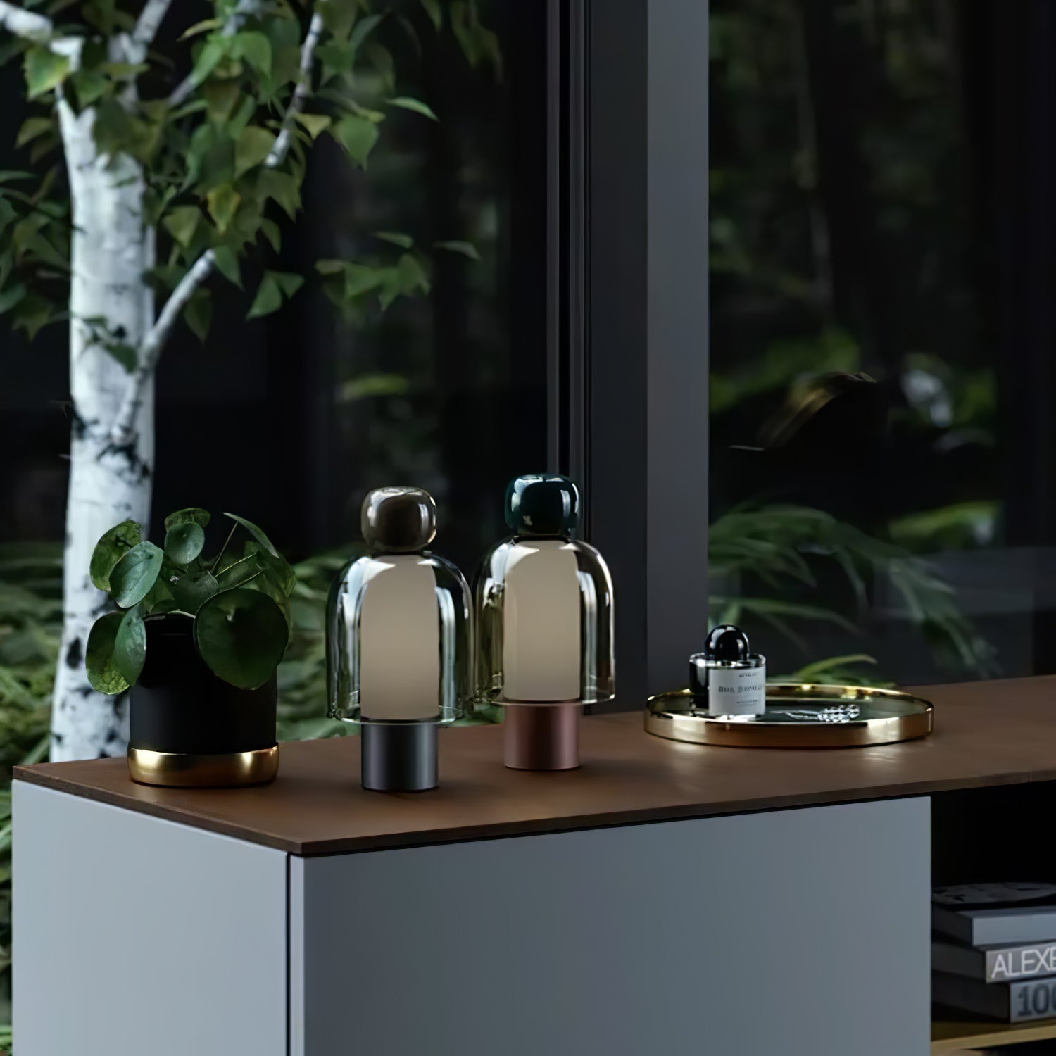 Portable Rechargeable LED Table Lamp with Smoke Grey Glass Shade for Modern Bedrooms