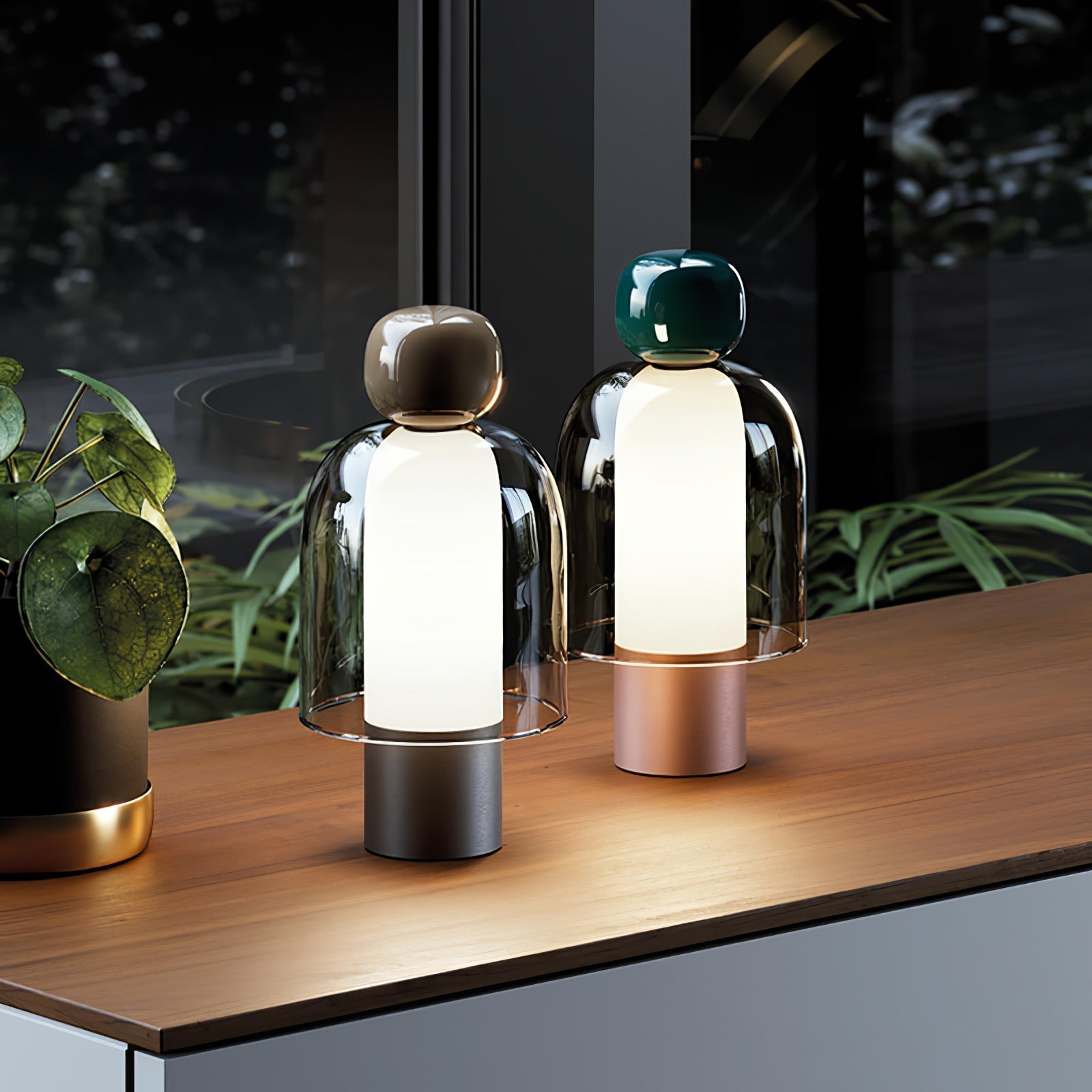 Portable Rechargeable LED Table Lamp with Smoke Grey Glass Shade for Modern Bedrooms