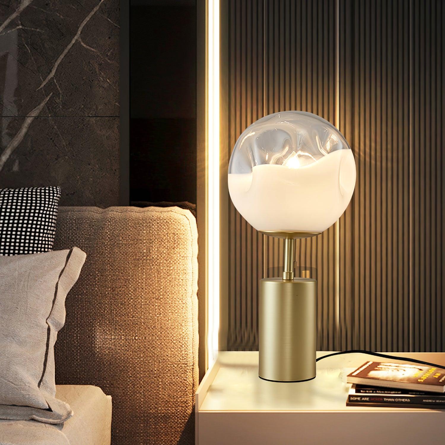 Modern Gold Metal Table Lamp with White Glass Sphere Shade for Bedside and Desk Lighting