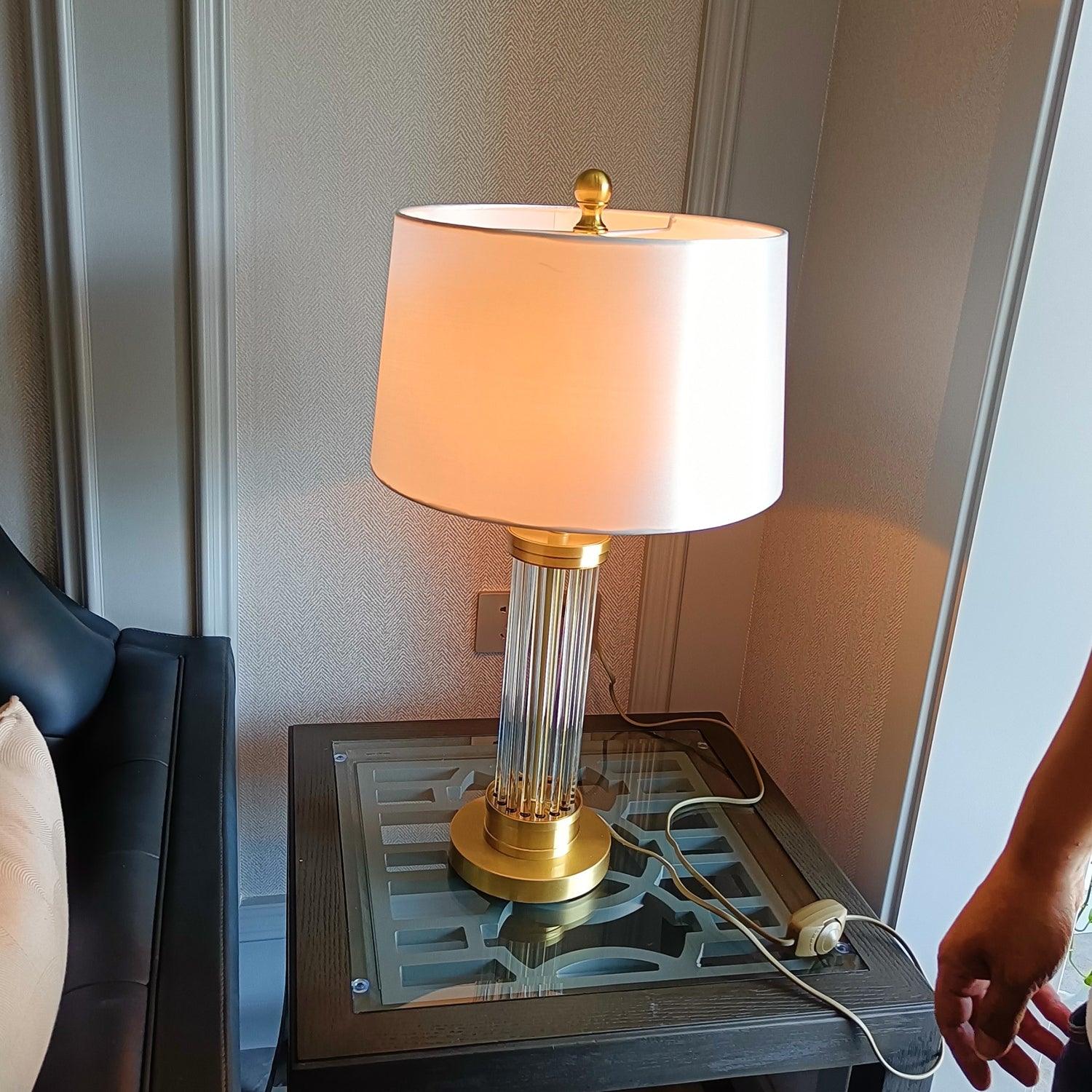 Elegant Modern Gold Bedside Table Lamp with White Linen Shade and Glass Base